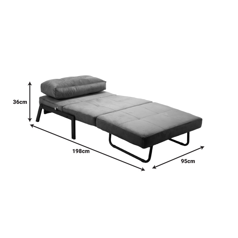 Модерна мултифункционална лоунџ фотелја-кревет Armchair-bed Xenoin тапацирана во квалитетна антрацит текстурална ткаенина со цврсти црни метални ногарки во расклопена и склопена позиција
