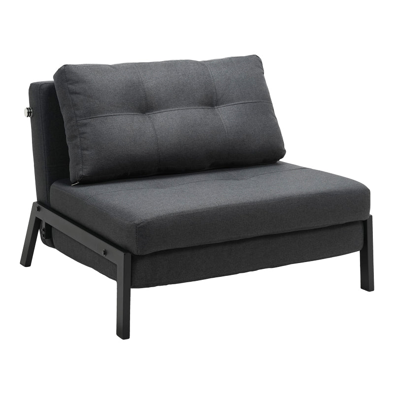 Модерна мултифункционална лоунџ фотелја-кревет Armchair-bed Xenoin тапацирана во квалитетна антрацит текстурална ткаенина со цврсти црни метални ногарки во расклопена и склопена позиција