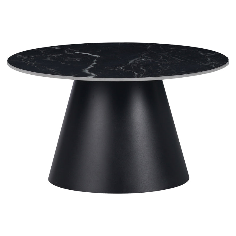 Модерна кружна лоунџ клуб маса Coffee table Xenoit со луксузна плоча од црн синтериран камен со ефект на мермер и геометриска црна метална конструкција