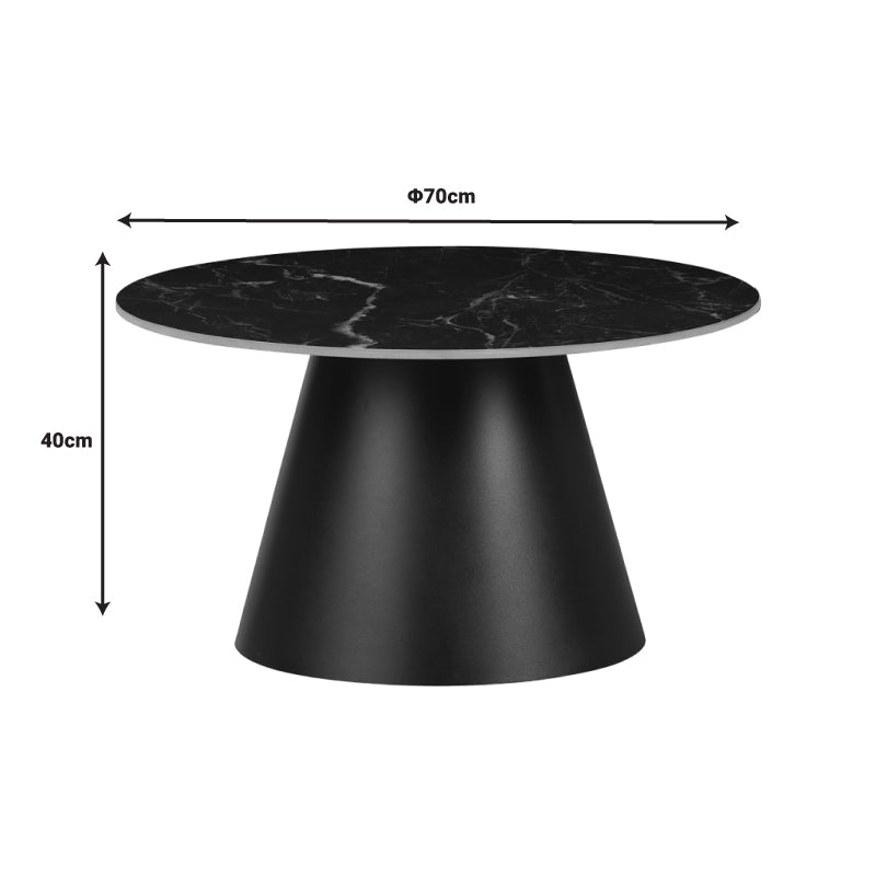 Модерна кружна лоунџ клуб маса Coffee table Xenoit со луксузна плоча од црн синтериран камен со ефект на мермер и геометриска црна метална конструкција