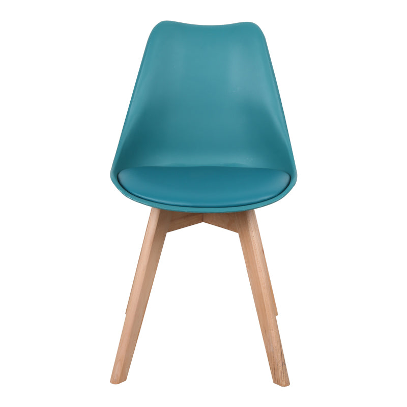 Модерна скандинавска трпезариска и лоунџ столица Chair Xenly во сина боја со меко PU кожно седиште и цврсти ногарки во природна боја на дрво
