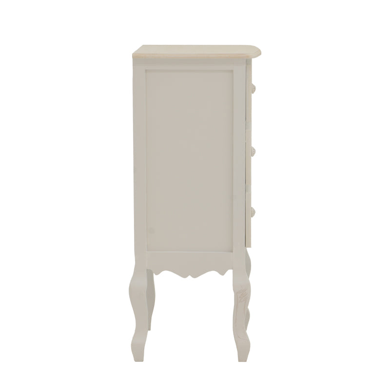 Префинета и издолжена античко бела ноќна масичка Bedside table Hally изработена од MDF, со паметна функционална фиока и долна решеткаста полица