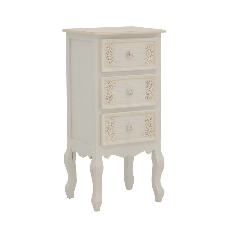 Префинета и издолжена античко бела ноќна масичка Bedside table Hally изработена од MDF, со паметна функционална фиока и долна решеткаста полица