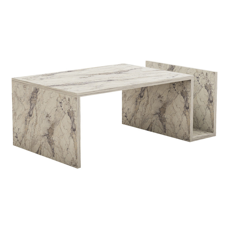 Модерна правоаголна ниска клуб маса Coffee table Xener со софистицирана површина со висок сјај и шари на премиум бел и сив мермер