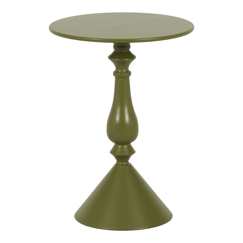 Модерна тркалезна странична масичка Side Table Vedaun изработена од цврст структурен метал во смирувачка маслинесто зелена боја, со паметна геометриска основа и тенок лоунџ профил