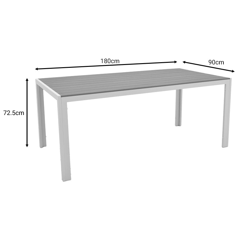 Луксузна голема правоаголна градинарска маса Yael со стабилна мат бела алуминиумска рамка и горна површина изработена од долги летви од природно Plywood дрво