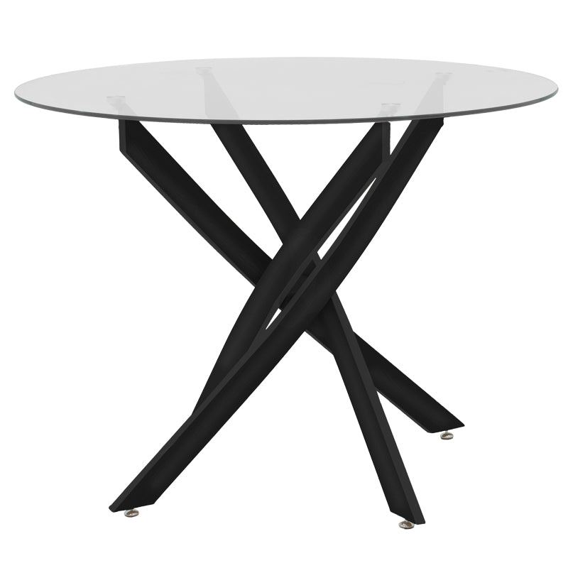 Модерен и луксузен трпезариски лоунџ сет Dining Room со тркалезна маса од калено проѕирно стакло Antoro и четири естетски црни столови Rankic со стабилна метална архитектура