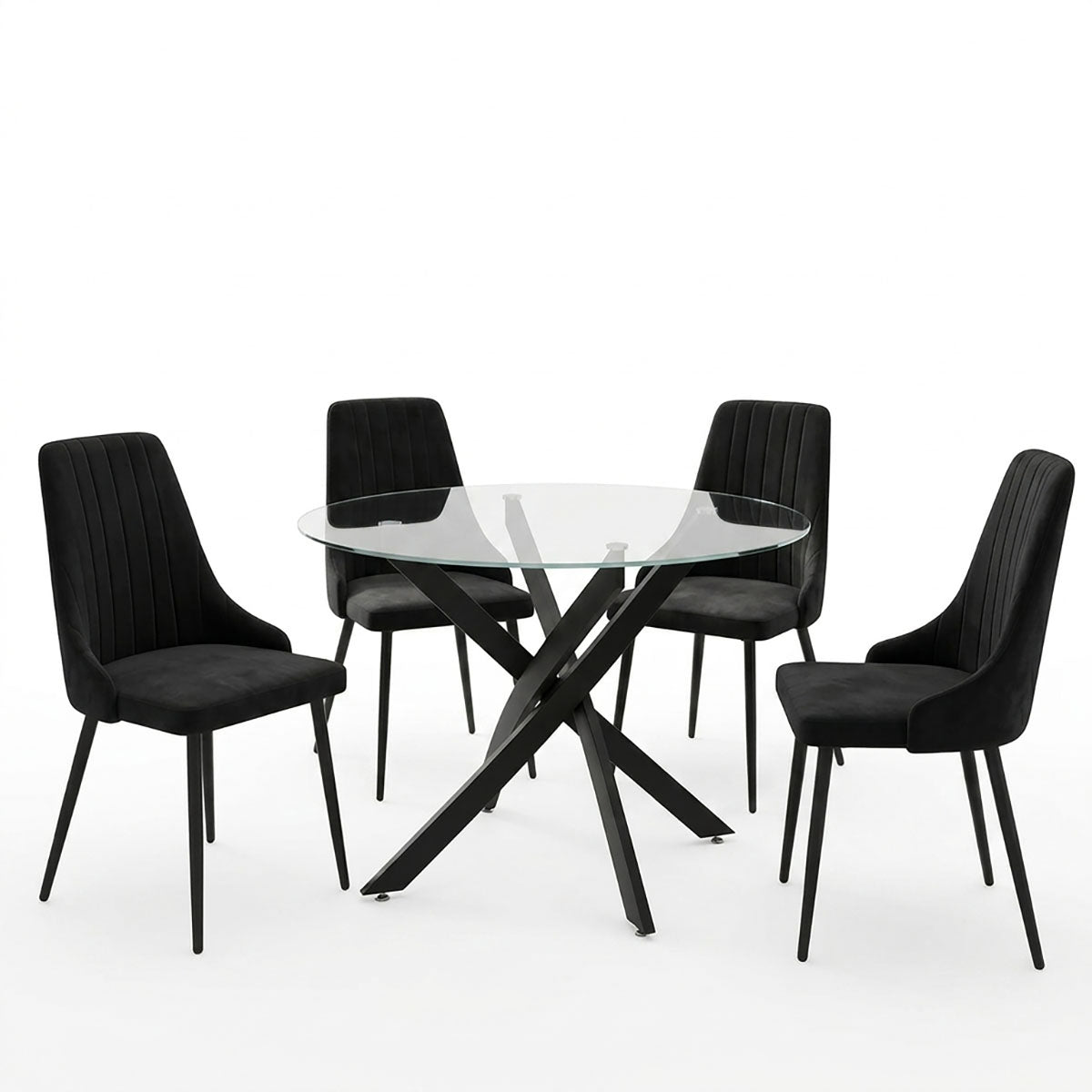 Модерен и луксузен трпезариски лоунџ сет Dining Room со тркалезна маса од калено проѕирно стакло Antoro и четири естетски црни столови Rareic со стабилна метална архитектура