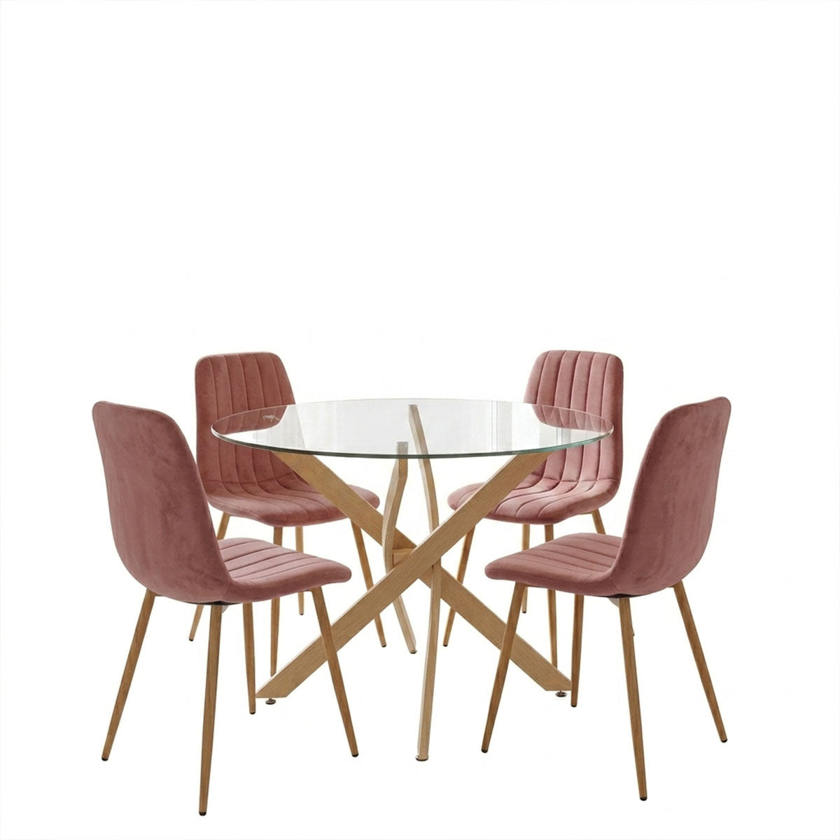 Модерен и луксузен трпезариски лоунџ сет Dining Room со тркалезна маса од калено проѕирно стакло Antoro и четири естетски столови Rare со стабилна метална архитектура