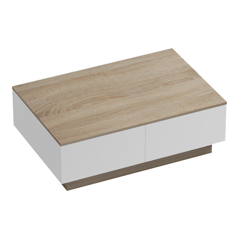 Модерна ниска клуб маса за кафе Coffee Table Weimaric со правоаголна плоча во текстура на сонома даб и засилена геометриска основа во мат бела боја
