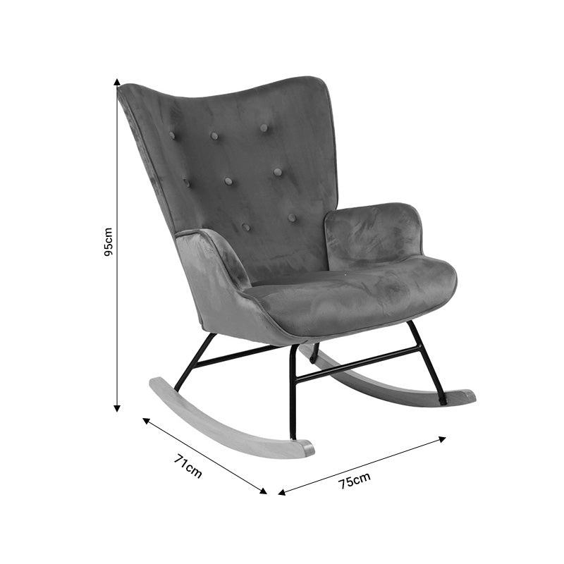 Модерна, естетска и уникатна фотелја за лулање Rocking armchair Jarvisic со мек тапацир од префинето сиво кадифе и ергономски дрвени шини во природна нијанса