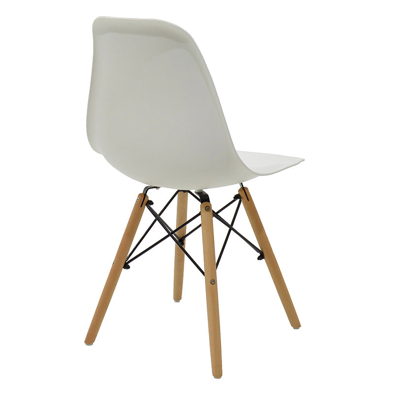 Модерна трпезариска столица Yatesic со ергономско седиште од цврст бел полипропилен и стабилни конусни нозе од природно дрво во скандинавски стил