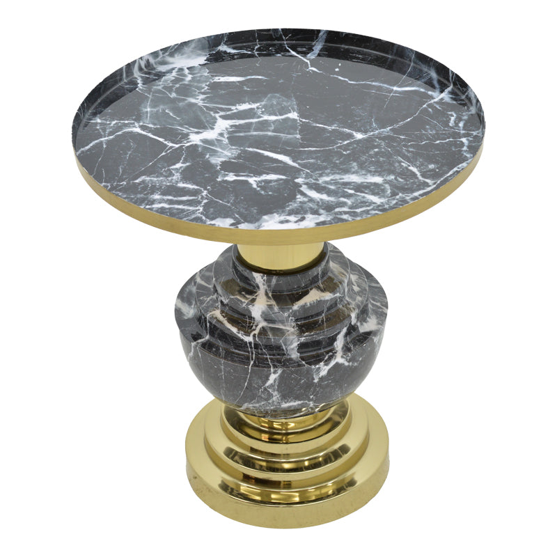 Модерна, естетска и уникатна тркалезна помошна масичка Side table Halet со луксузна црно-златна метална структура и фино обработена горна плоча