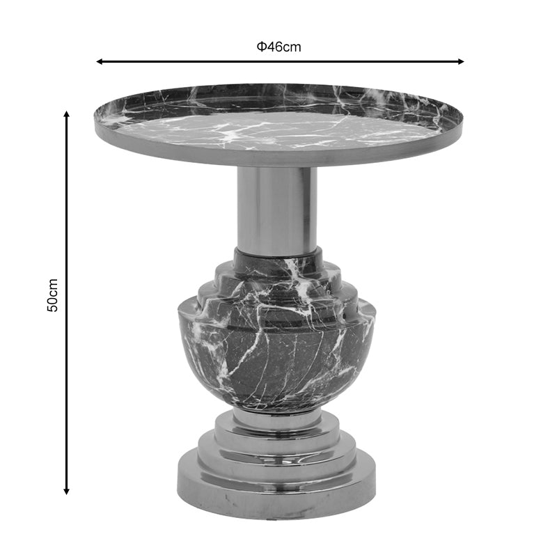 Модерна, естетска и уникатна тркалезна помошна масичка Side table Halet со луксузна црно-златна метална структура и фино обработена горна плоча