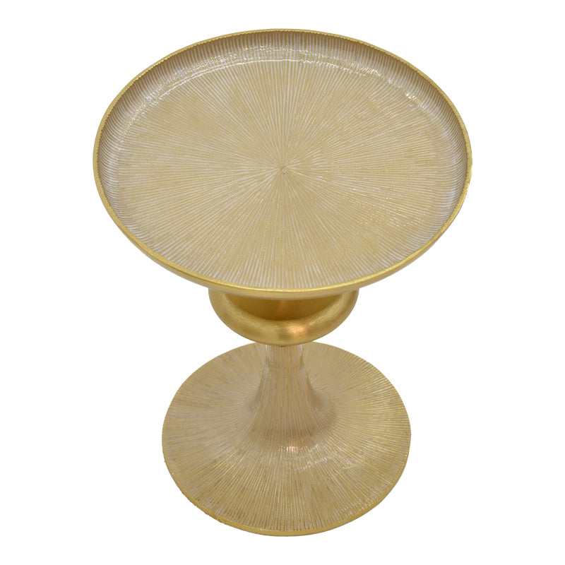 Модерна, естетска и уникатна тркалезна помошна масичка Side table Illyria со гламурозна златна метална структура и чиста бела горна површина