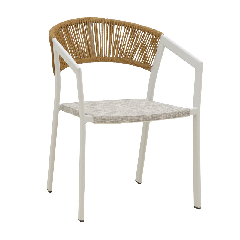 Модерен, естетски и уникатен редечки градинарски стол Aluminum armchair Quayic со бела алуминиумска рамка и седиште од текстилен во нијанса на природен ратан
