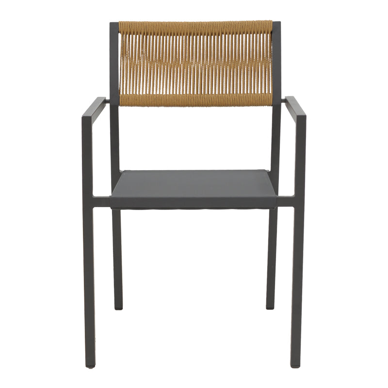 Модерна, естетска и уникатна лоунџ фотелја Aluminum armchair Jarrah со цврста антрацит алуминиумска рамка и густо ткаена Textilene површина во топла нијанса на природен ратан