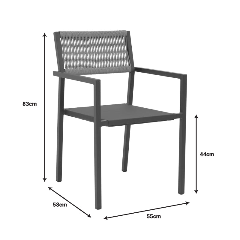 Модерна, естетска и уникатна лоунџ фотелја Aluminum armchair Jarrah со цврста антрацит алуминиумска рамка и густо ткаена Textilene површина во топла нијанса на природен ратан