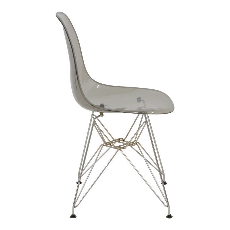 Модерна минималистичка трпезариска столица Chair Xenova изработена од цврст проѕирен сив полипропилен со сјајни хромирани инокс ногарки