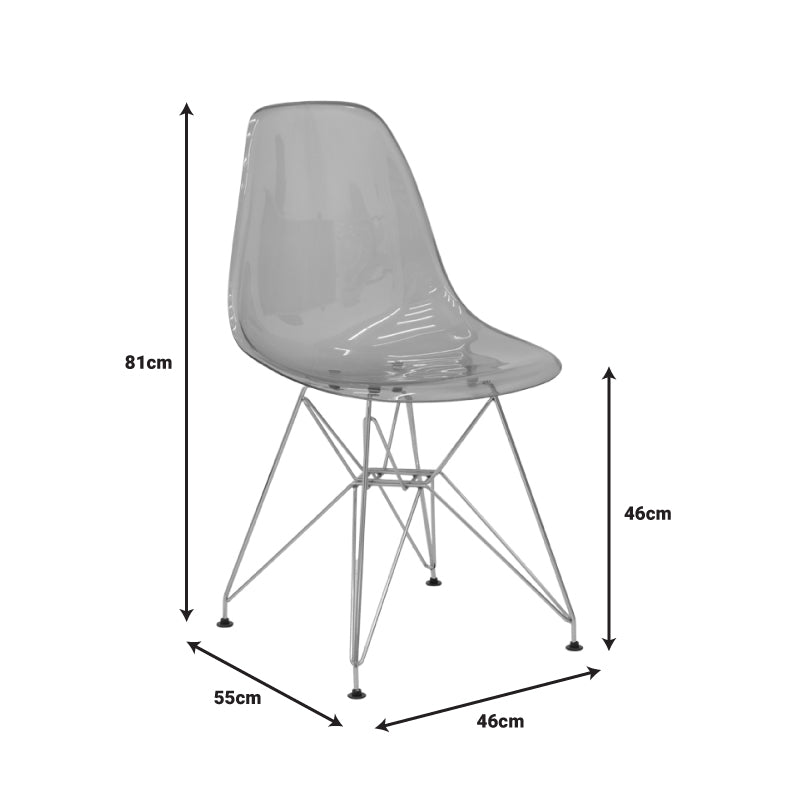 Модерна минималистичка трпезариска столица Chair Xenova изработена од цврст проѕирен сив полипропилен со сјајни хромирани инокс ногарки