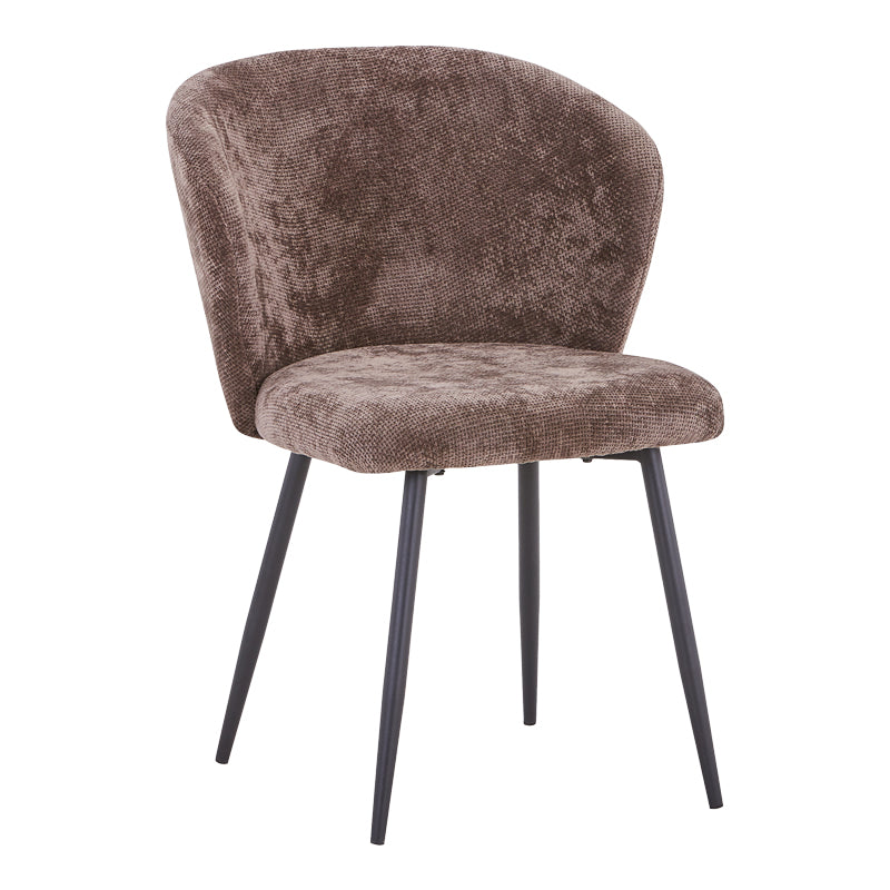 Модерна трпезариска лоунџ столица Chair Xenote тапацирана во засилена топла кафена ткаенина со комфорни наслони и цврсти коси црни метални ногарки