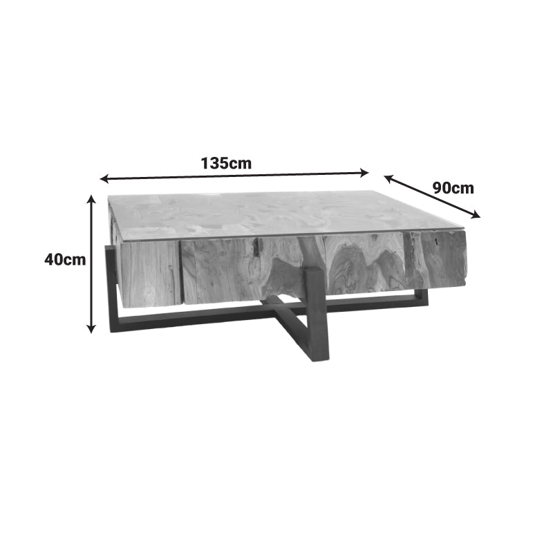 Модерна рустична клуб маса за кафе Coffee Table Wallis изработена од вистинско масивно тиково дрво во природна натур боја, со карактеристична префинета и раскошна текстура на годовите