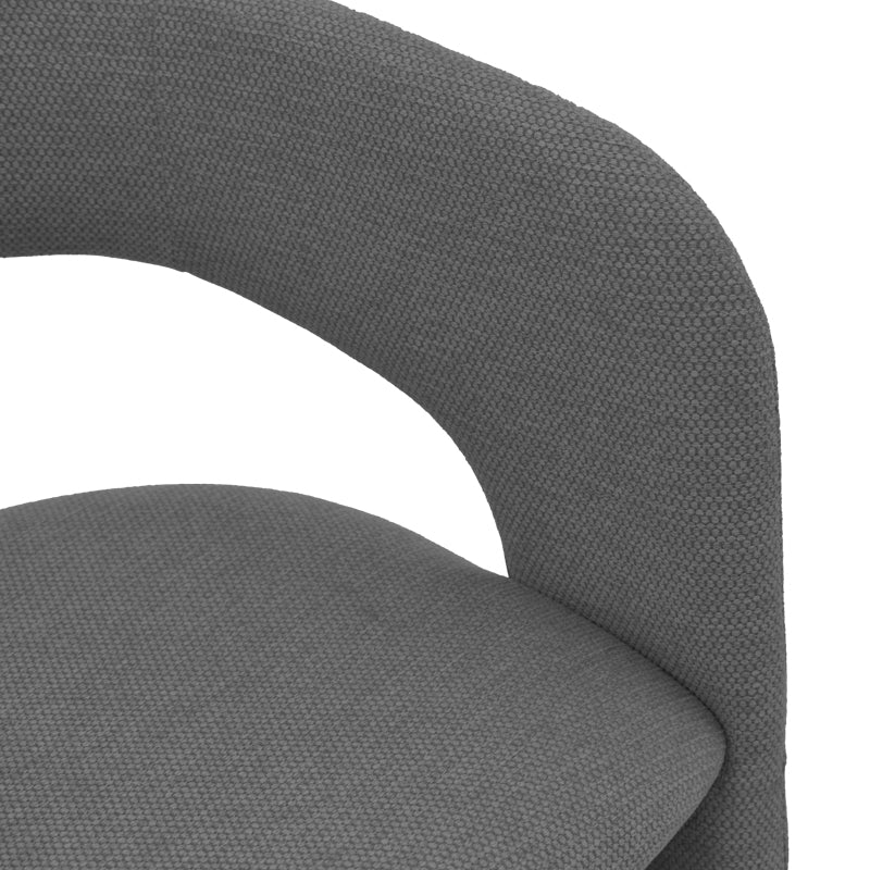 Модерна лоунџ трпезариска фотелја Armchair Umbax со паметна ергономска форма, наслони за раце и мека мат антрацит сива ткаенина врз стабилна темна база