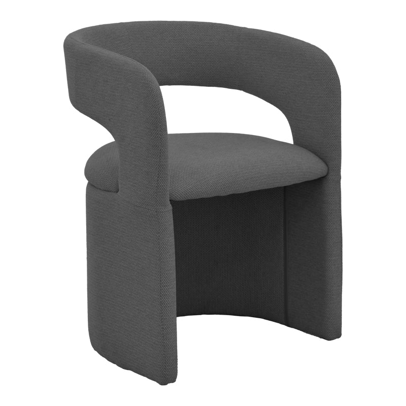 Модерна лоунџ трпезариска фотелја Armchair Umbax со паметна ергономска форма, наслони за раце и мека мат антрацит сива ткаенина врз стабилна темна база