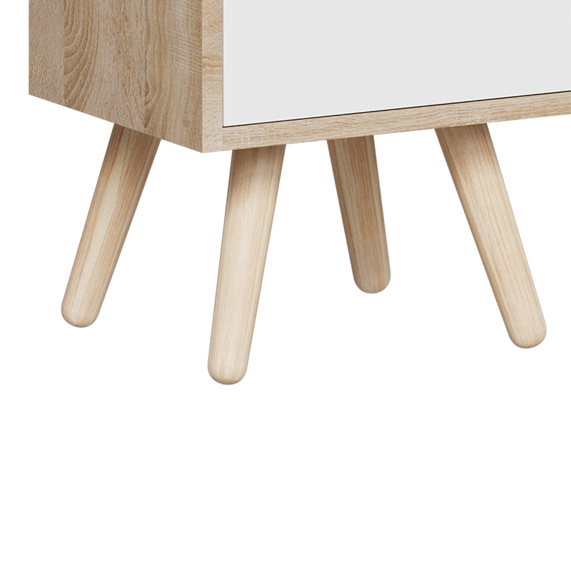 Компактна и модерна правоаголна ноќна масичка Bedside table Xenit со сонома површина и минималистички бели полици за спална соба