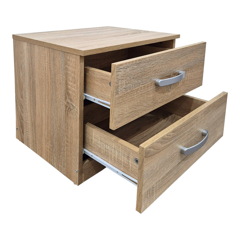 Модерна компактна ноќна масичка Bedside Table Vedaia во природен светл сонома декор, со паметна функционална фиока за складирање и отворена лоунџ полица