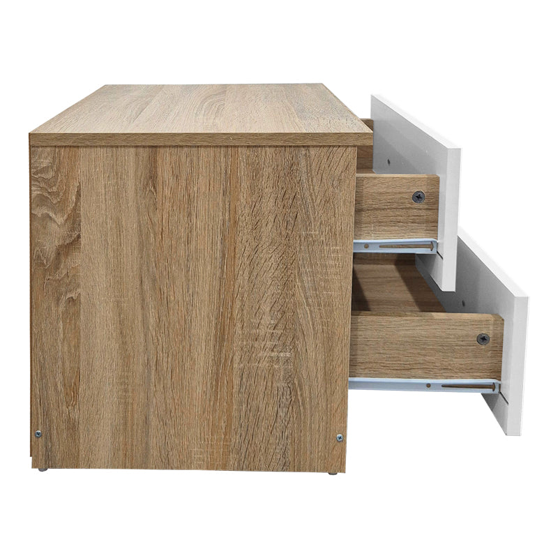 Модерна компактна ноќна масичка Bedside Table Vedaet со надворешна рамка во сонома декор, паметна мат бела фиока за складирање и отворена лоунџ полица