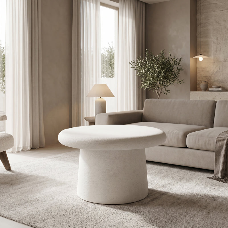 Модерна, естетска и уникатна тркалезна клупска маса Coffee Table Ridgeic во чиста бела боја со мазна горна површина и стабилна паметна архитектура