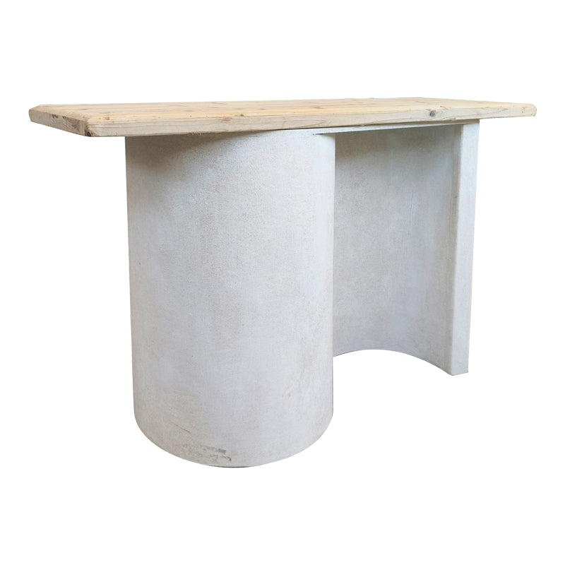 Модерна, естетска и уникатна конзолна маса Console Table Rific со горна површина во природна нијанса на даб и зајакната естетска шасија во чиста бела боја