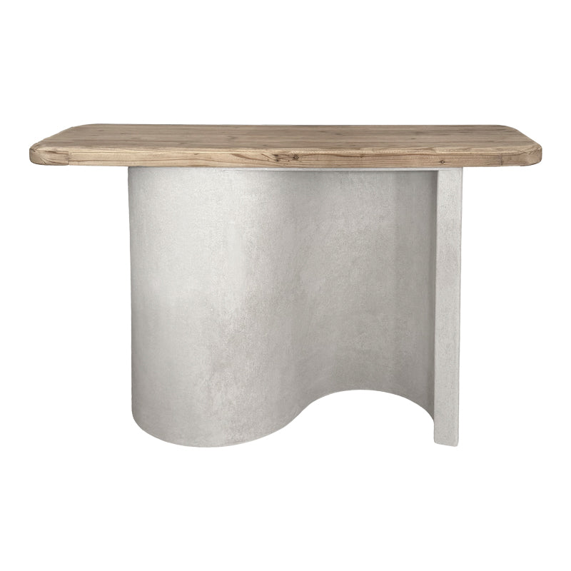 Модерна, естетска и уникатна конзолна маса Console Table Rific со горна површина во природна нијанса на даб и зајакната естетска шасија во чиста бела боја