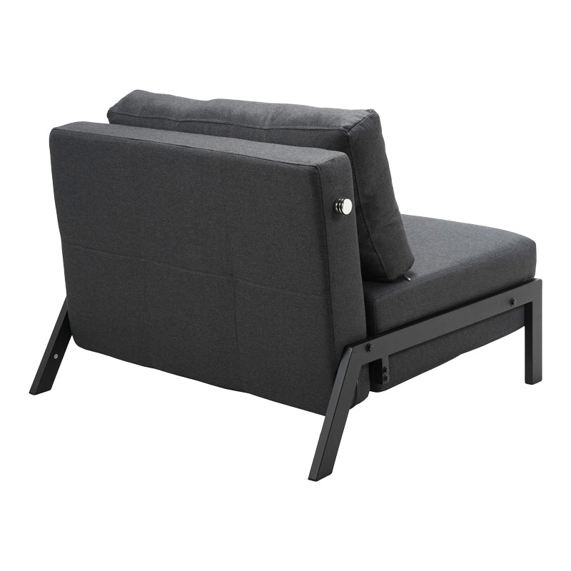 Модерна мултифункционална лоунџ фотелја-кревет Armchair-bed Xenoin тапацирана во квалитетна антрацит текстурална ткаенина со цврсти црни метални ногарки во расклопена и склопена позиција