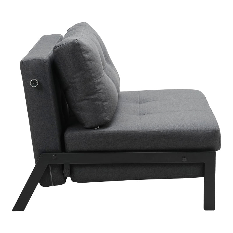 Модерна мултифункционална лоунџ фотелја-кревет Armchair-bed Xenoin тапацирана во квалитетна антрацит текстурална ткаенина со цврсти црни метални ногарки во расклопена и склопена позиција