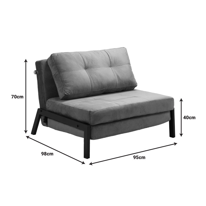 Модерна мултифункционална лоунџ фотелја-кревет Armchair-bed Xenoin тапацирана во квалитетна антрацит текстурална ткаенина со цврсти црни метални ногарки во расклопена и склопена позиција