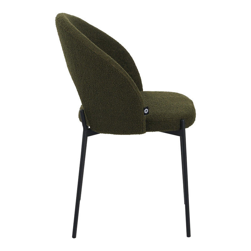 Модерна трпезариска столица Beldar со темно зелена Bouclé ткаенина и цврсти црни метални ногарки