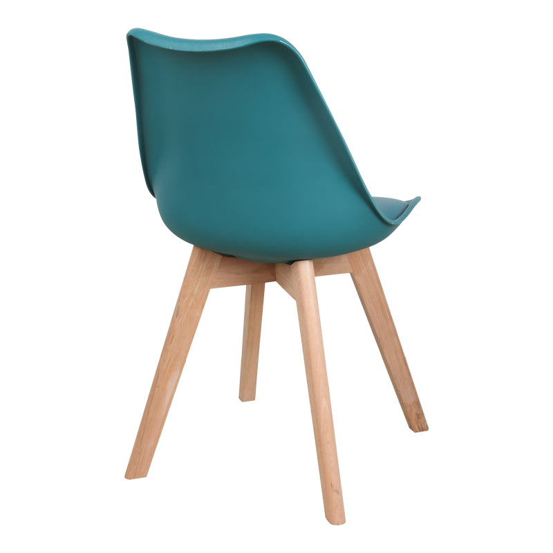 Модерна скандинавска трпезариска и лоунџ столица Chair Xenly во сина боја со меко PU кожно седиште и цврсти ногарки во природна боја на дрво