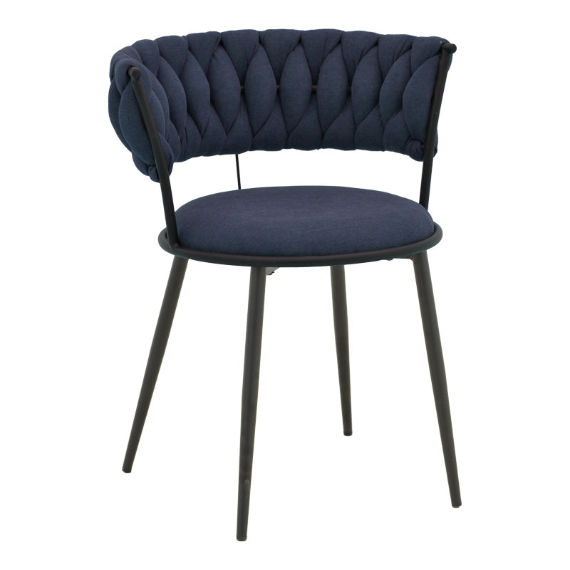 Софистицирана темно сина фотелја Avonte со мек тапацир од платно и црни метални ногарки во модерен стил