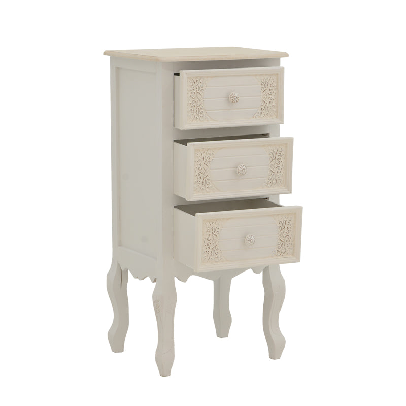 Префинета и издолжена античко бела ноќна масичка Bedside table Hally изработена од MDF, со паметна функционална фиока и долна решеткаста полица