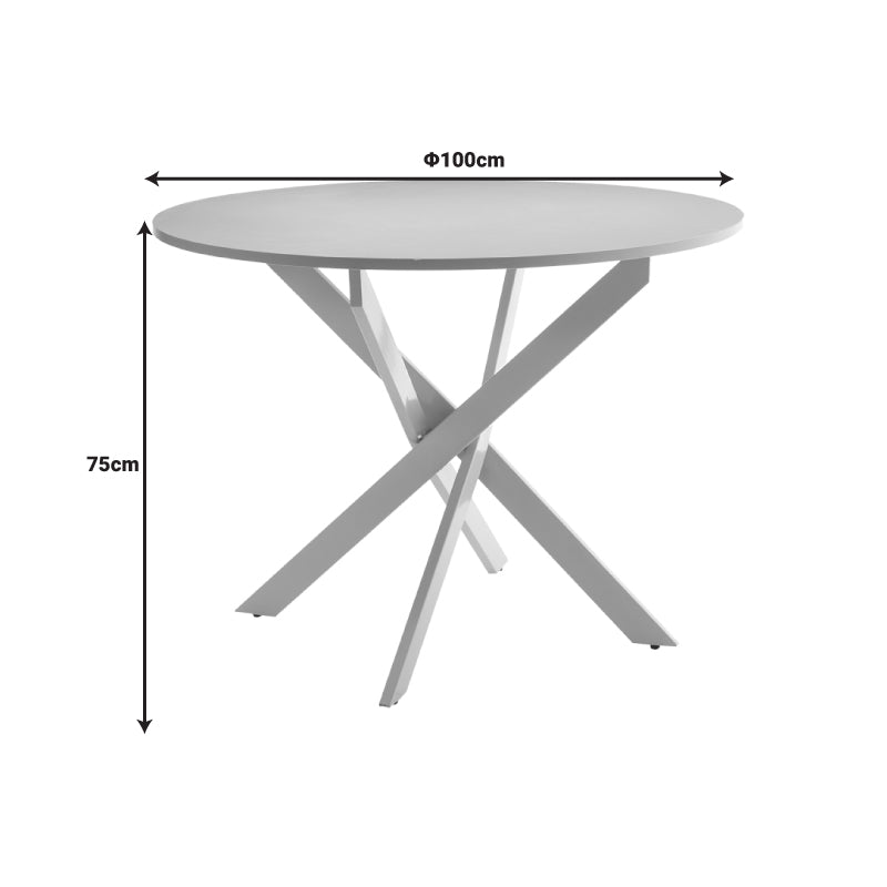 Модерна кружна трпезариска маса Table Xenoly со мазна површина од крем MDF материјал и геометриски усогласена крем метална лоунџ конструкција