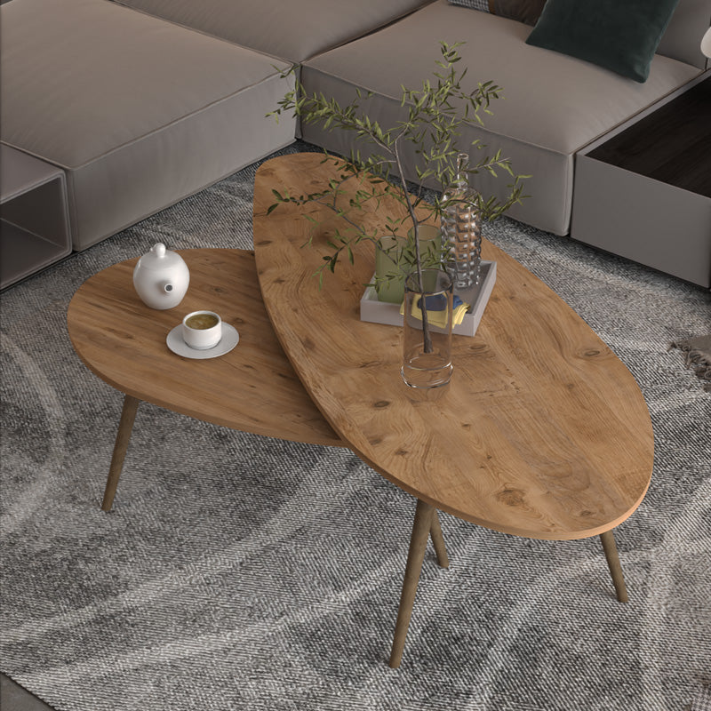 Луксузен лоунџ сет од две спарени тркалезни клуб масички Coffee table Wreit со прекрасна текстура во богата орев кафена нијанса за семејна дневна соба