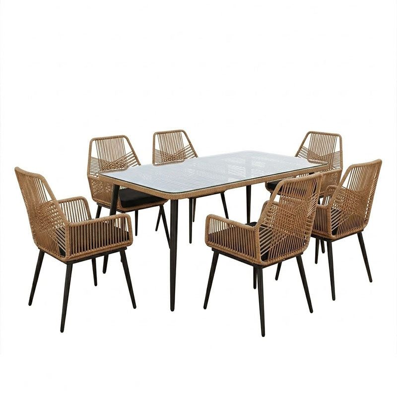Модерен трпезариски сет Bodamark со 6 ратан столици и правоаголна маса со црна метална рамка и стакло