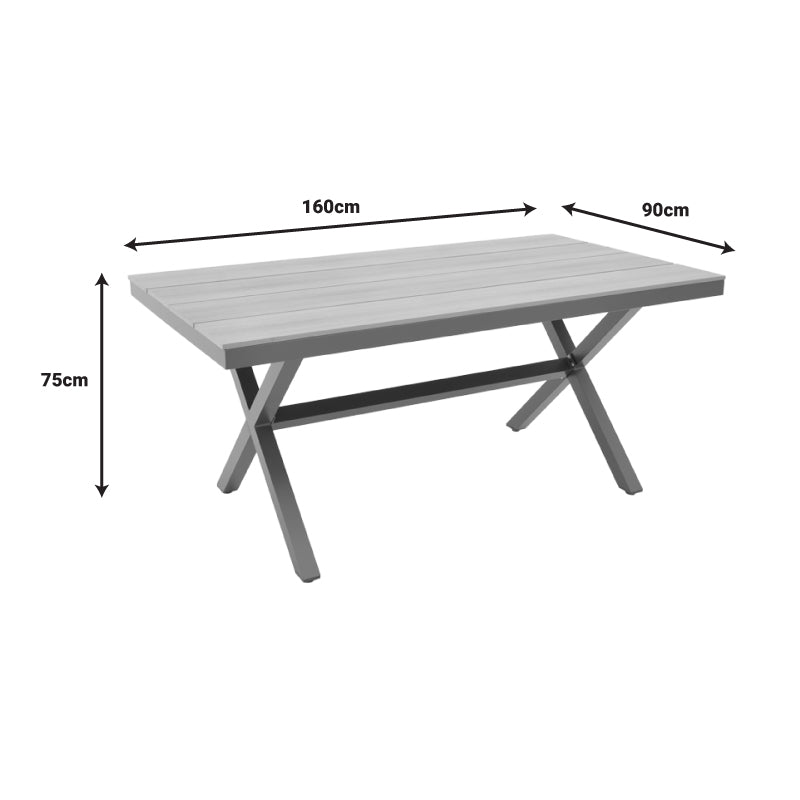 Модерен правоаголен сет за јадење Dawnim со антрацит алуминиумска конструкција и површина од водоотпорно дрво во природна нијанса со четири столови