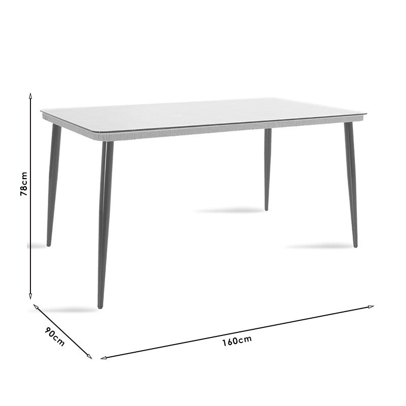 Модерен голем сет за јадење Calyor со правоаголна маса и шест плетен ратан столови со црна метална конструкција