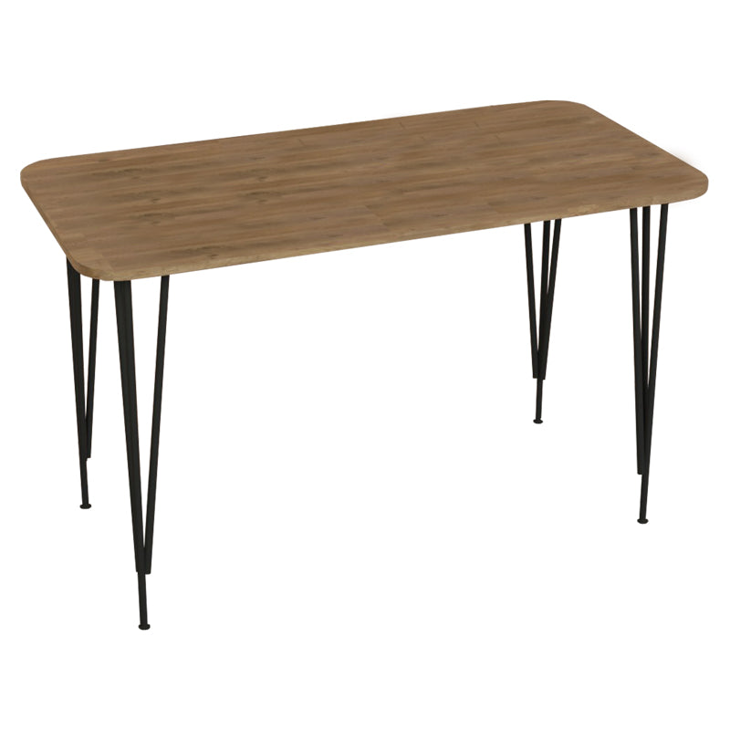 Модерен праволиниски трпезариски сет Dining Room Set што вклучува функционална правоаголна маса и четири усогласени црни Vedaen лоунџ столици во минималистички стил
