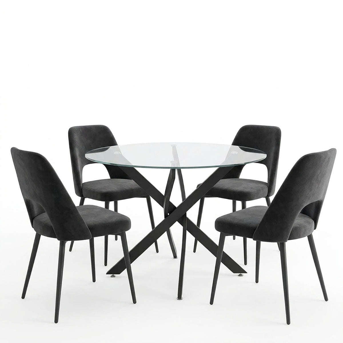 Модерен и луксузен трпезариски лоунџ сет Dining Room со тркалезна маса од калено проѕирно стакло Antoro и четири естетски црни столови Rankic со стабилна метална архитектура