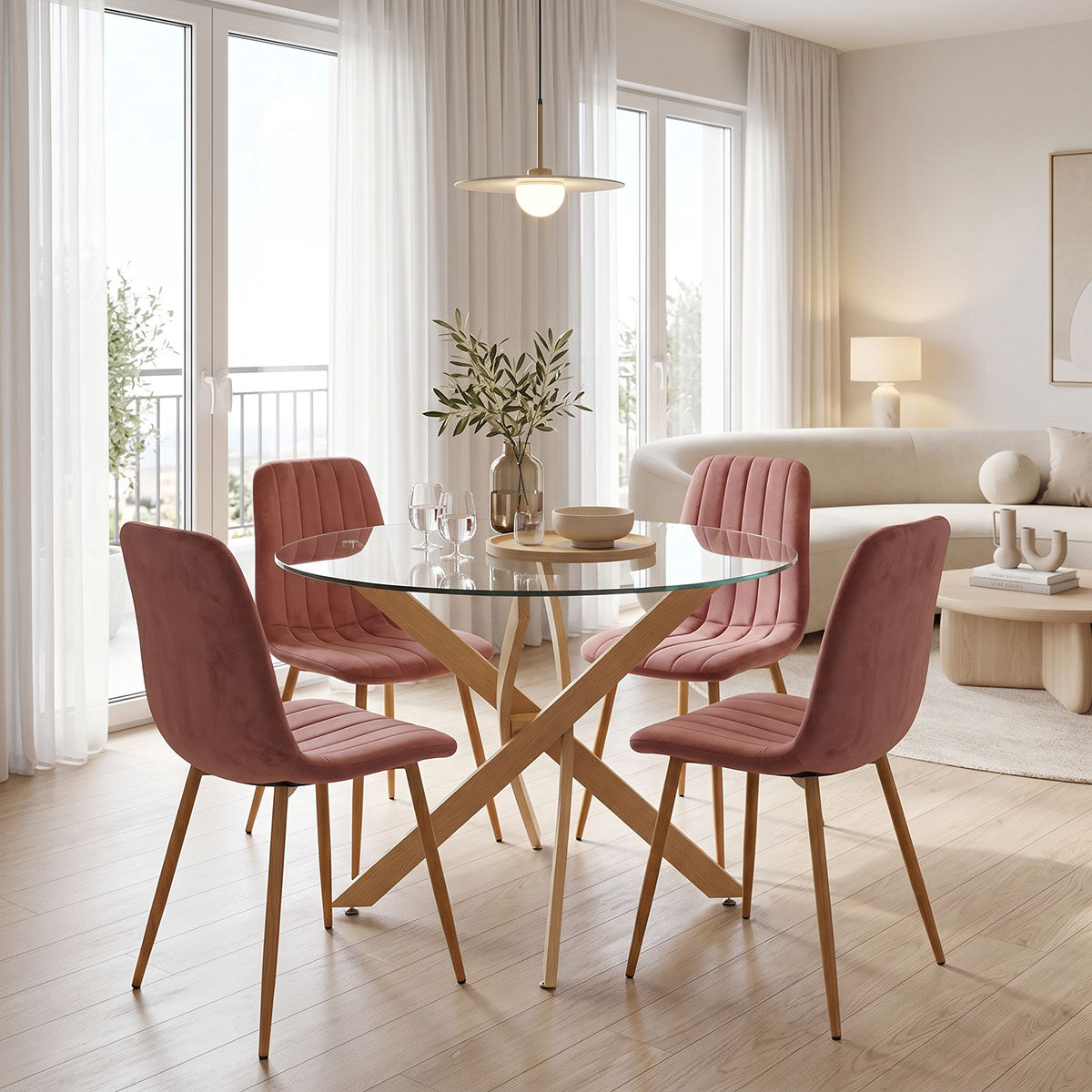 Модерен и луксузен трпезариски лоунџ сет Dining Room со тркалезна маса од калено проѕирно стакло Antoro и четири естетски столови Rare со стабилна метална архитектура