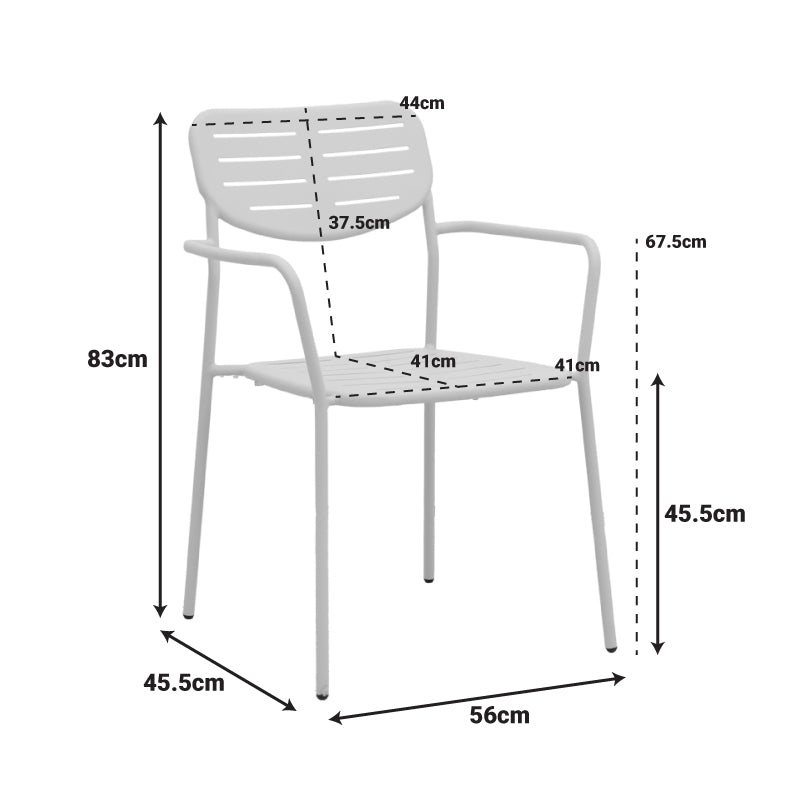 Елегантна црна метална фотелја Stackable Armchair Umberim со ергономски наслони за раце, чисти индустриски линии и функција за паметно редење една во друга